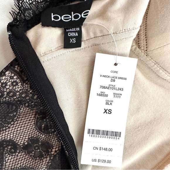 NWT BEBE Y2K NUDE/BLACK LACE OVERLAY DEEP V CORSET SEXY BODYCON MINI DRESS SzXS - Picture 10 of 15